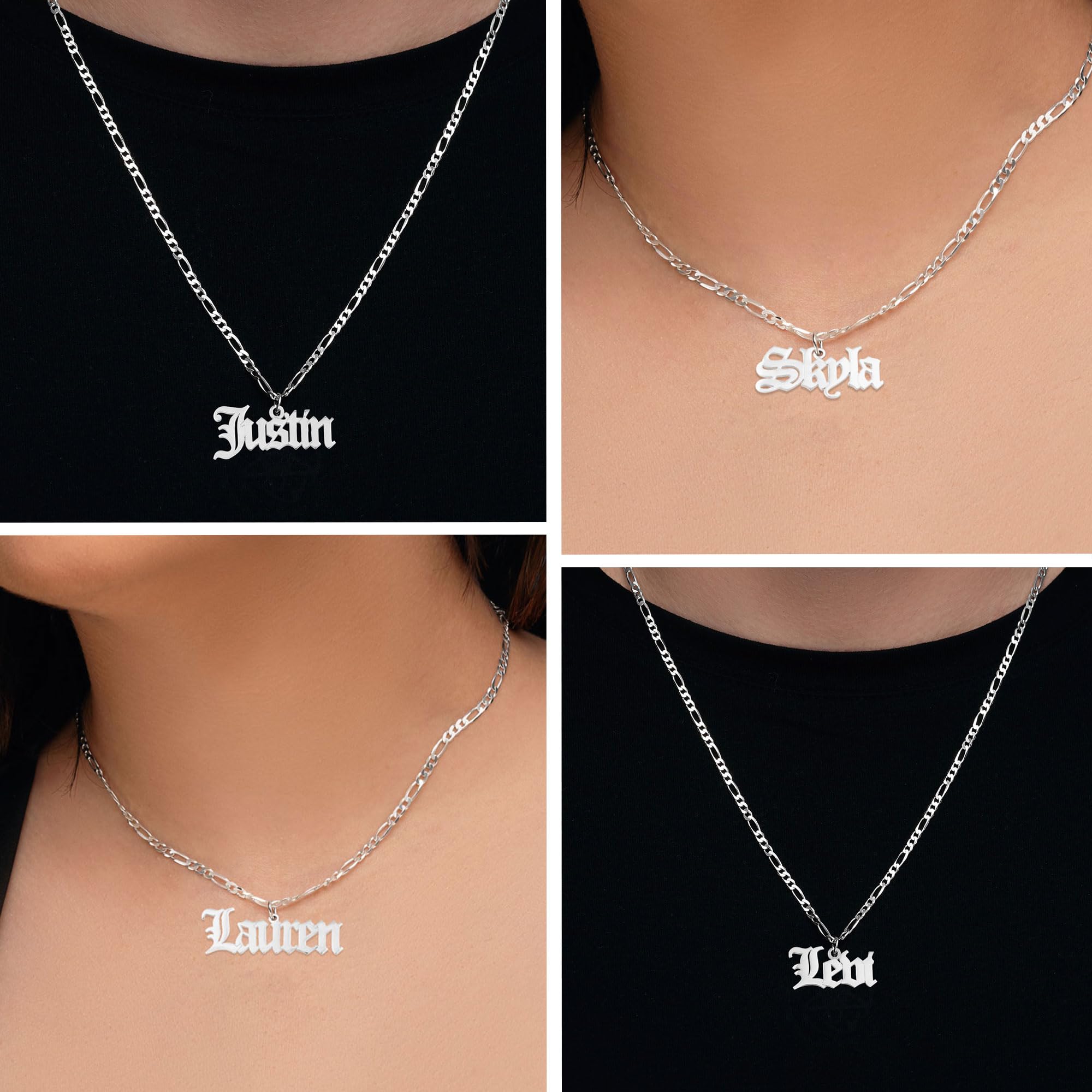 Beleco 18k Gold Plated or Sterling Silver 925 Custom Name Necklace - Personalized Name Plate Necklace with Elegant Figaro Chain, Old English Font | Customized & Personalized Necklaces