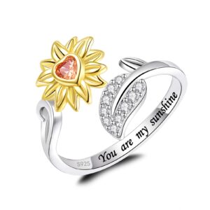 BEILIN You Are My Sunshine Sunflower Ring for Women S925 Sterling Silver I Love You Forever Promise CZ Heart Ring Adjustable Wrap Open Ring