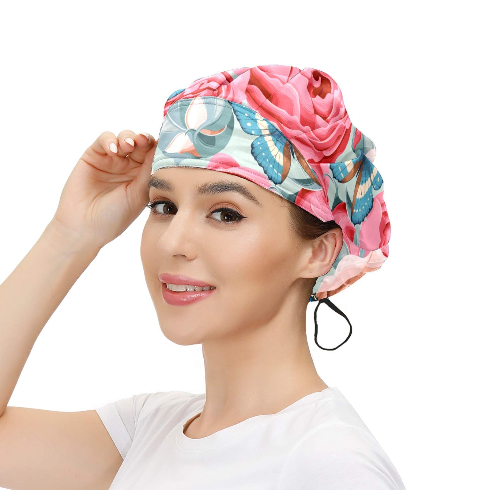 Womens Working Cap with Cotton Sweatband Adjustable Elastic Head Cover Hair Tie Back Work Hats for Women Men One Size Bouffant Hat Covers Rose with Butterfly