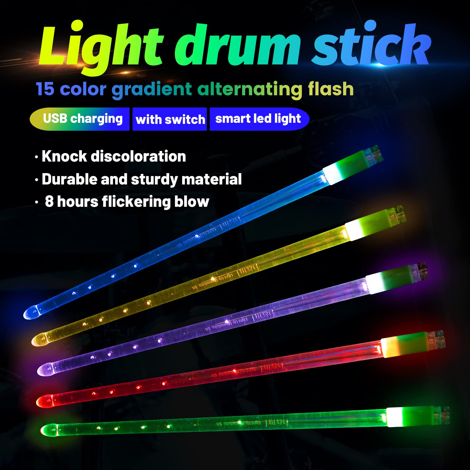 Hami LED Light up Drum sticks, 15 Color Changing Drumsticks, Support USB Charging with Opening Key, PC Polymer Material, Durable Professional Musical Practice for Kids Adults (2pcs / Pack)