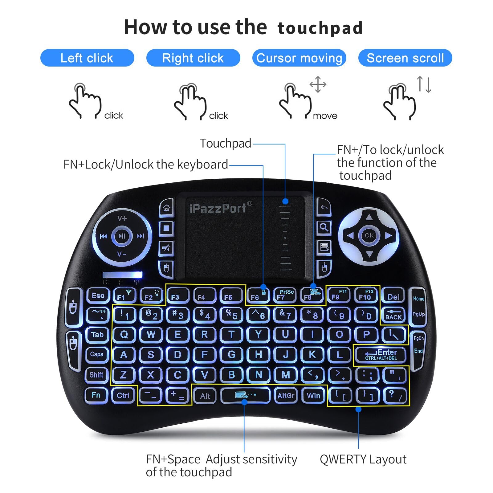 iPazzPort (Newest Upgrade) Mini Bluetooth Keyboard with Touchpad (Handheld Keyboard), Backlit Mini Wireless Keyboard with 2.4G USB Dongle for Google/Android TV Box/FireStick/Laptop/PC KP-21SM