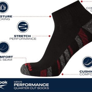 Reebok Men's Athletic Quarter Socks with Cushion Comfort (12 Pack), Size 6-12.5, All Black