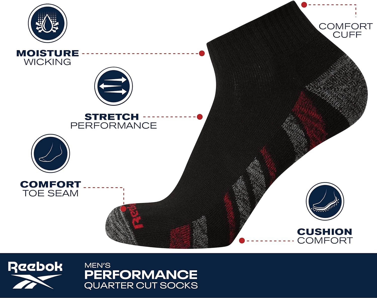 Reebok Men's Athletic Quarter Socks with Cushion Comfort (12 Pack), Size 6-12.5, All Black