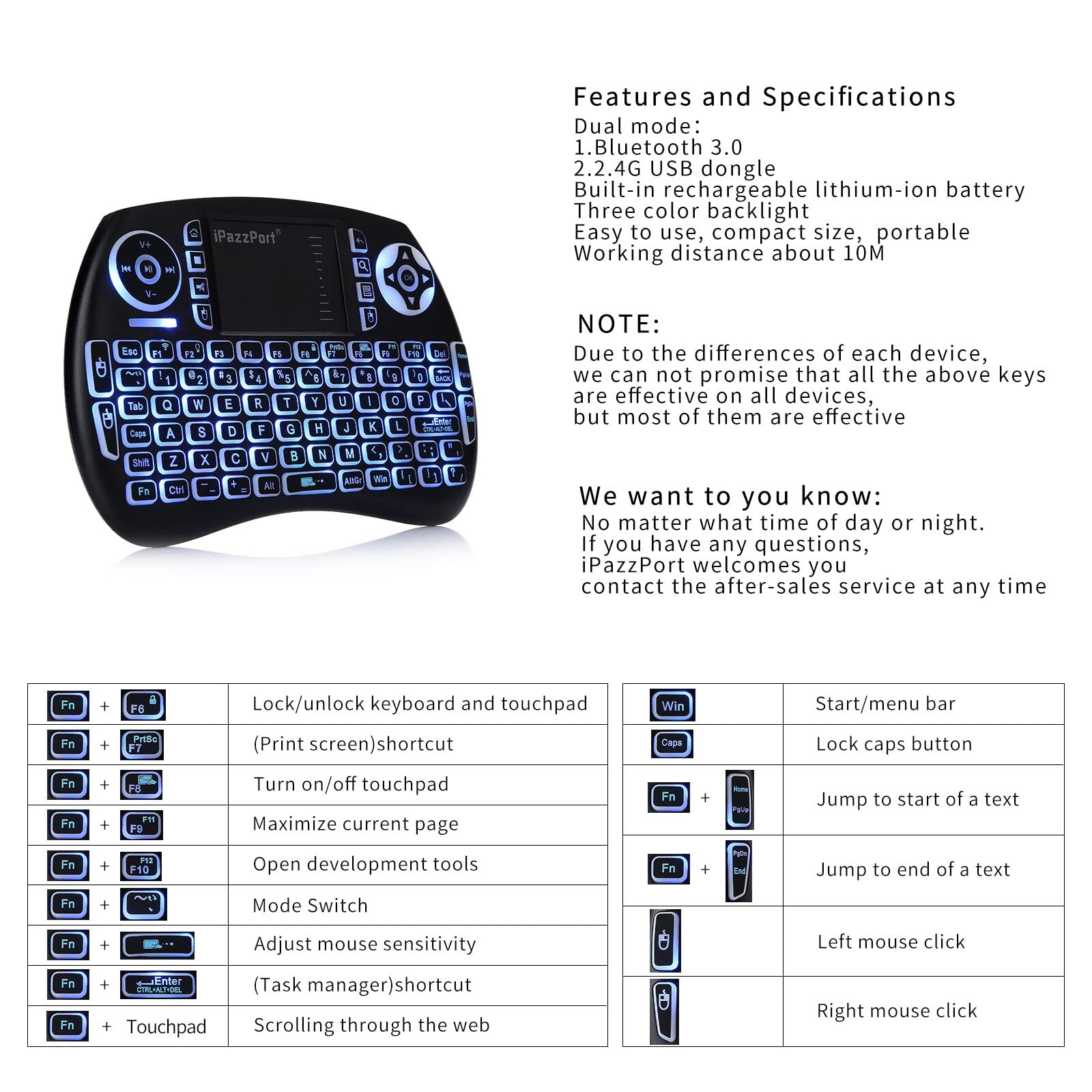 iPazzPort (Newest Upgrade) Mini Bluetooth Keyboard with Touchpad (Handheld Keyboard), Backlit Mini Wireless Keyboard with 2.4G USB Dongle for Google/Android TV Box/FireStick/Laptop/PC KP-21SM