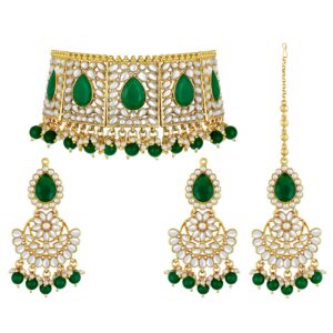 aheli bridal kundan faux pearl choker necklace with earrings maang tikka for women girls indian traditional bollywood fashion jewelry set green