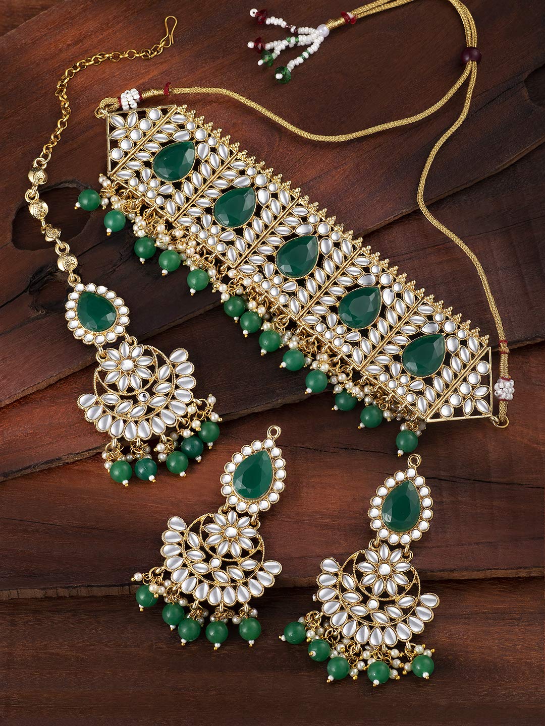 Aheli Bridal Kundan Faux Pearl Choker Necklace with Earrings Maang Tikka for Women Girls Indian Traditional Bollywood Fashion Jewelry Set Green