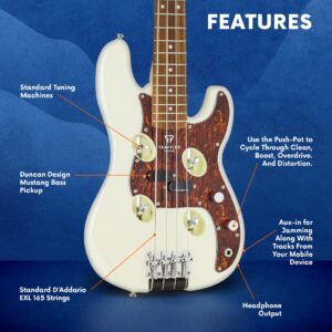 Traveler Guitar TB-4P Bass | 4 String Electric Bass Guitar with In-Body Tuning, Pearl White, Medium Scale, Headphone Output, Compact Gig Bag Included