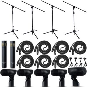 presonus 7 piece dynamic drum mic kit - kick bass, tom/snare & cymbals microphone set - for drums instrument - complete with adjustable rim-mounts, mics holder & hard case stands and xlr cables