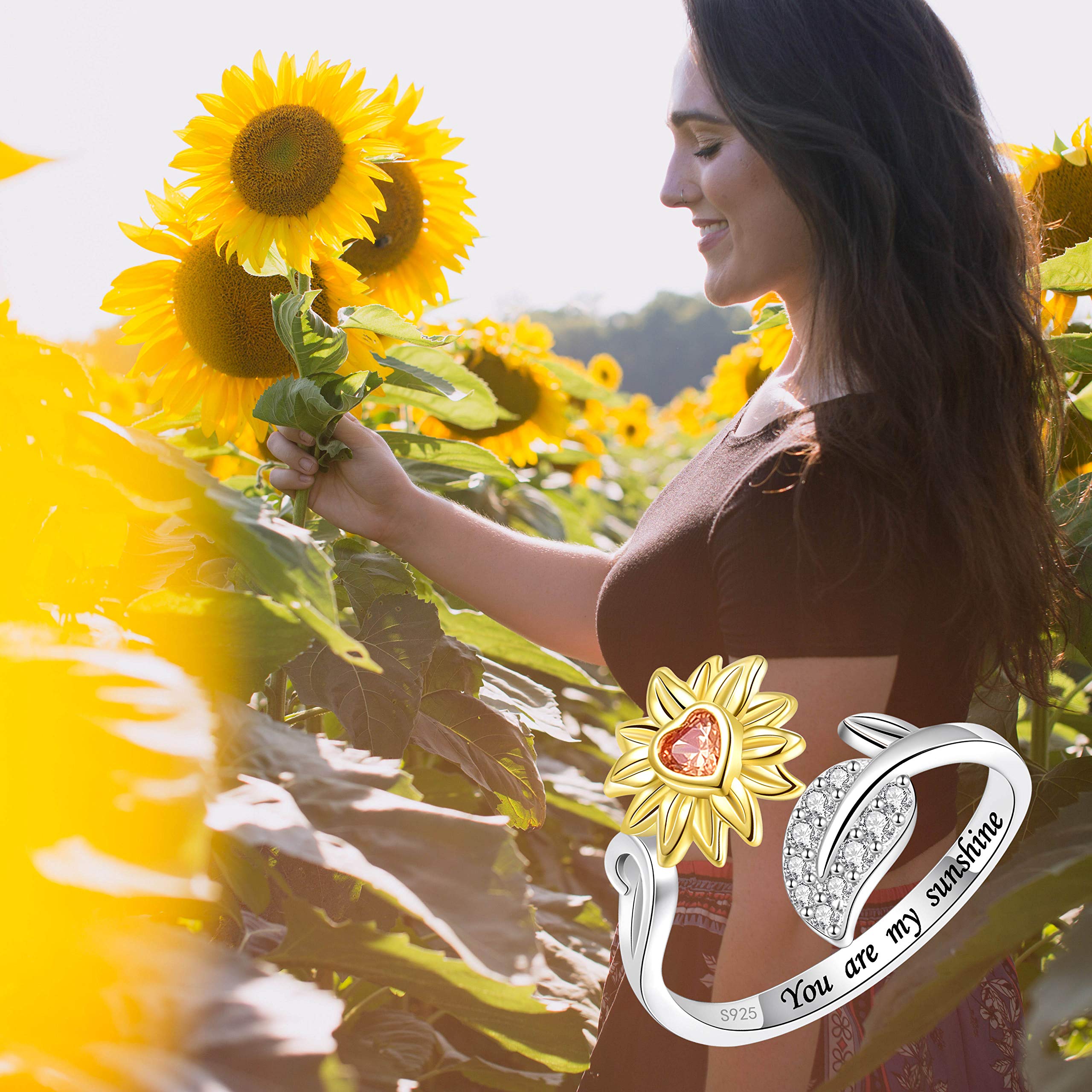 BEILIN You Are My Sunshine Sunflower Ring for Women S925 Sterling Silver I Love You Forever Promise CZ Heart Ring Adjustable Wrap Open Ring