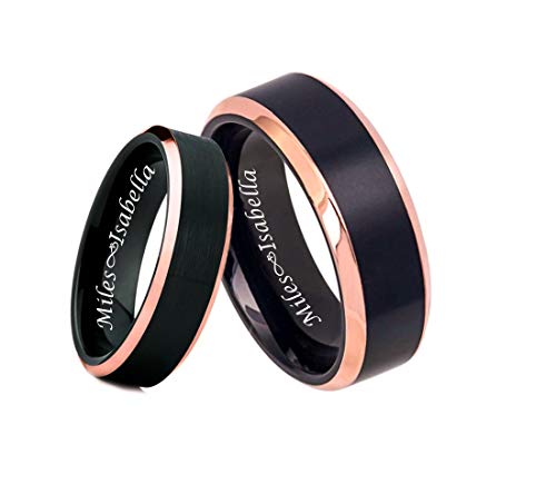 Personalized Rose Gold & Brushed Black Stainless Steel Ring Set Custom Engraved Free - Couple's Ring Set - Wedding Band - Ships from USA