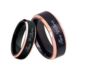 personalized rose gold & brushed black stainless steel ring set custom engraved free - couple's ring set - wedding band - ships from usa