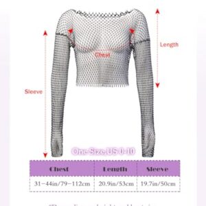 Yokawe Black Fishnet Rhinestone Crop Top, Long Sleeve Mesh Glitter Party Festival Top for Women & Girls