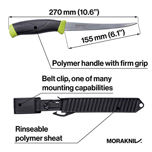 Morakniv Companion Sandvik Stainless Steel Fish Fillet Knife with Sheath, Black/Yellow, 6.1 Inch