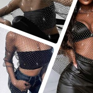 Yokawe Black Fishnet Rhinestone Crop Top, Long Sleeve Mesh Glitter Party Festival Top for Women & Girls