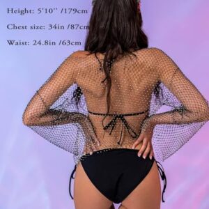 Yokawe Black Fishnet Rhinestone Crop Top, Long Sleeve Mesh Glitter Party Festival Top for Women & Girls