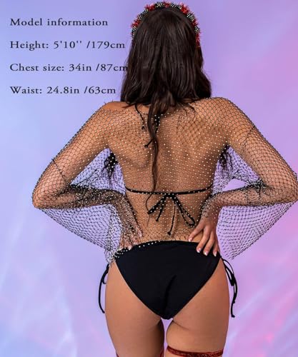 Yokawe Black Fishnet Rhinestone Crop Top, Long Sleeve Mesh Glitter Party Festival Top for Women & Girls