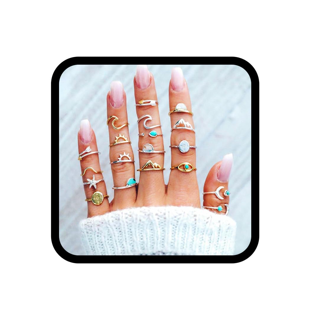 TWINKLEDE 19Pcs Finger Rings Silver Stackable Rings Statement Knuckle Ring Set Moon Star Wave Joint Accessories for Women