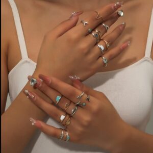 TWINKLEDE 19Pcs Finger Rings Silver Stackable Rings Statement Knuckle Ring Set Moon Star Wave Joint Accessories for Women