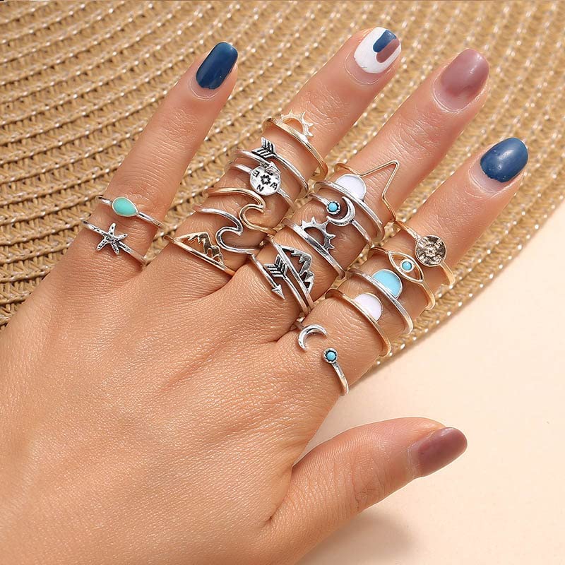 TWINKLEDE 19Pcs Finger Rings Silver Stackable Rings Statement Knuckle Ring Set Moon Star Wave Joint Accessories for Women