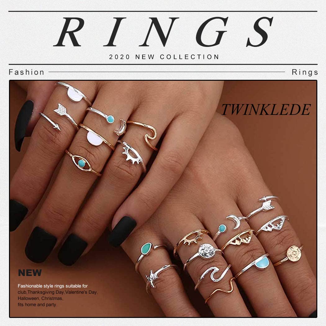 TWINKLEDE 19Pcs Finger Rings Silver Stackable Rings Statement Knuckle Ring Set Moon Star Wave Joint Accessories for Women