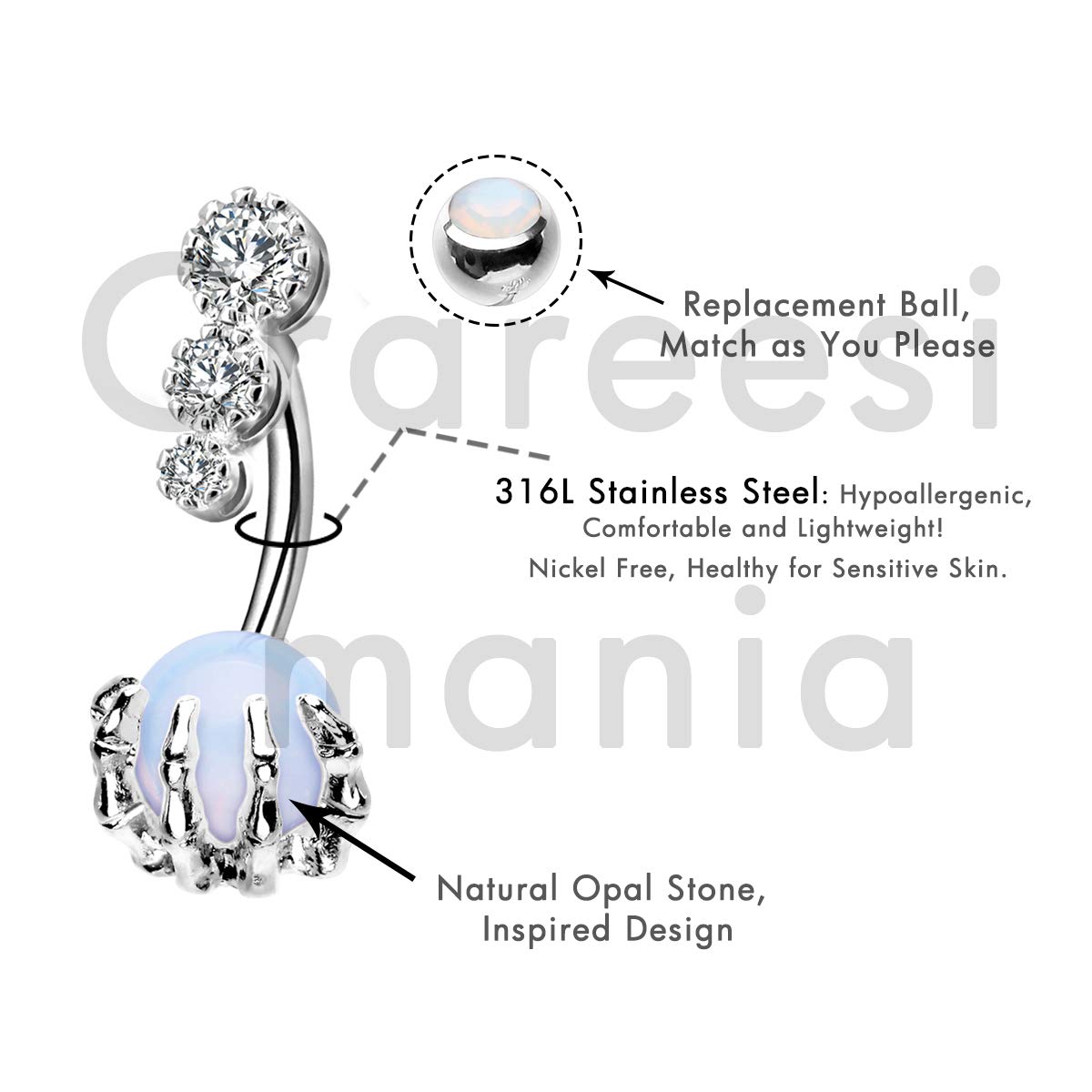 CM Crareesi Mania Rainbow Curved Claw Belly Rings Natural Stone Piercing Navel Rings for Women