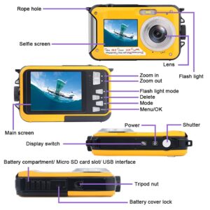 Underwater Camera Full HD 2.7K 48MP Waterproof Camera for Snorkeling Dual Screen Waterproof Camera Digital with Self-timer and 16X Digital Zoom