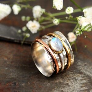 Boho-Magic 925 Sterling Silver Spinner Moonstone Ring for Women with Copper and Brass Fidget Rings Bands (7)