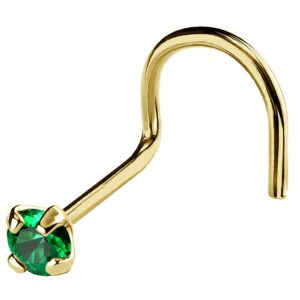 jewelry avalanche 22g solid 14kt gold nose screw stud with prong set real emerald gemstone, 14kt yellow gold or 14kt white gold - may birthstone nose ring-nsyg_ed-2mm