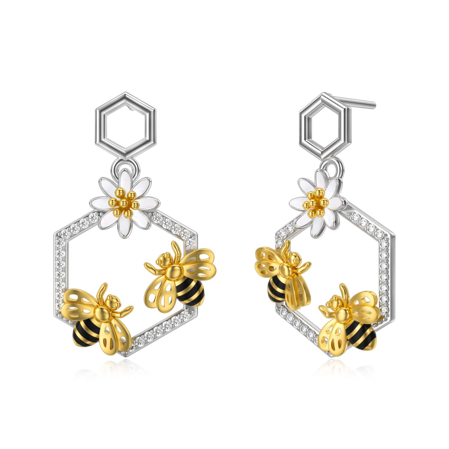 Honey Bee Stud Dangle Earrings 925 Sterling Silver Bumble Bee Earrings With Cubic Zirconia Jewelry Birthday Mother's Day Gifts for Women Mom Daughter