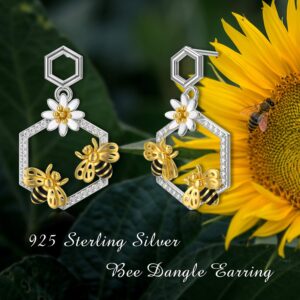 Honey Bee Stud Dangle Earrings 925 Sterling Silver Bumble Bee Earrings With Cubic Zirconia Jewelry Birthday Mother's Day Gifts for Women Mom Daughter