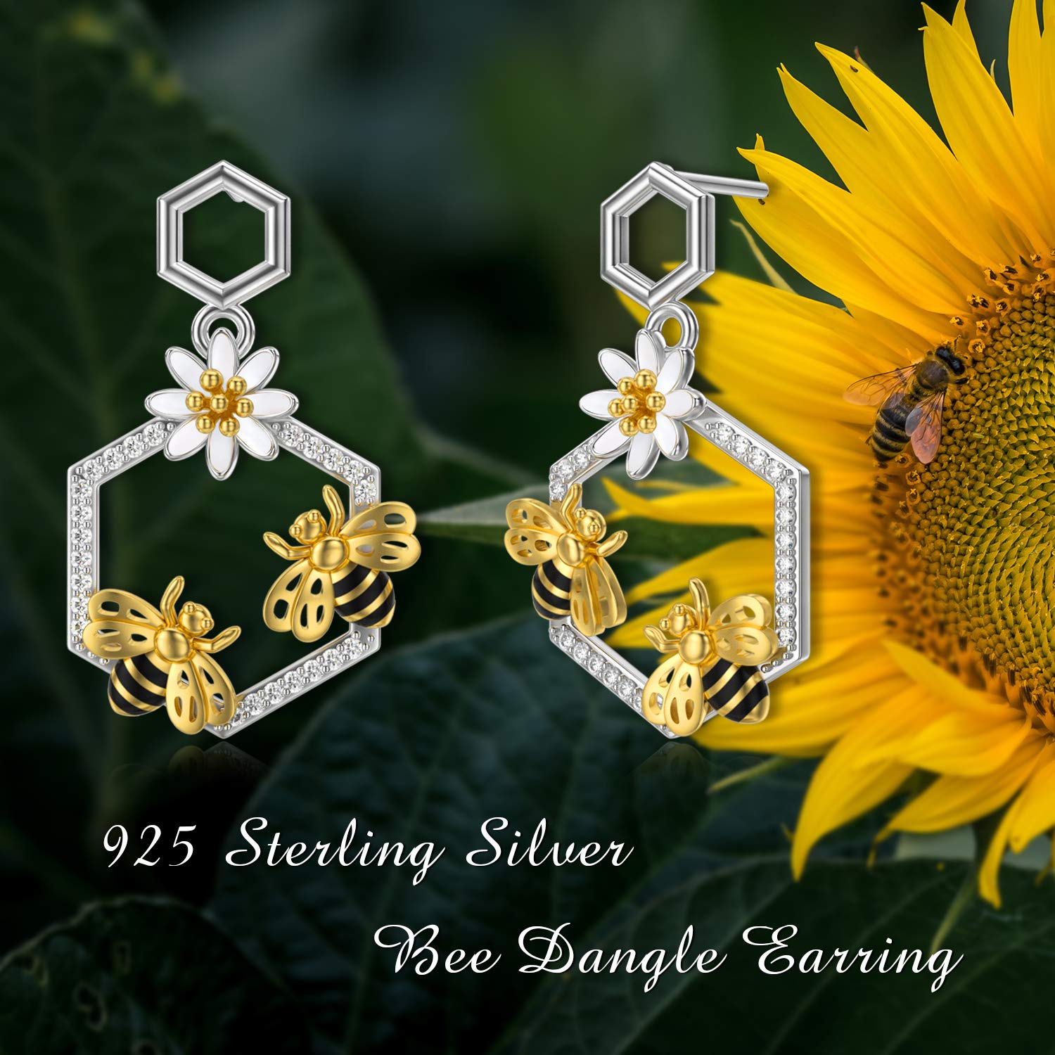 Honey Bee Stud Dangle Earrings 925 Sterling Silver Bumble Bee Earrings With Cubic Zirconia Jewelry Birthday Mother's Day Gifts for Women Mom Daughter