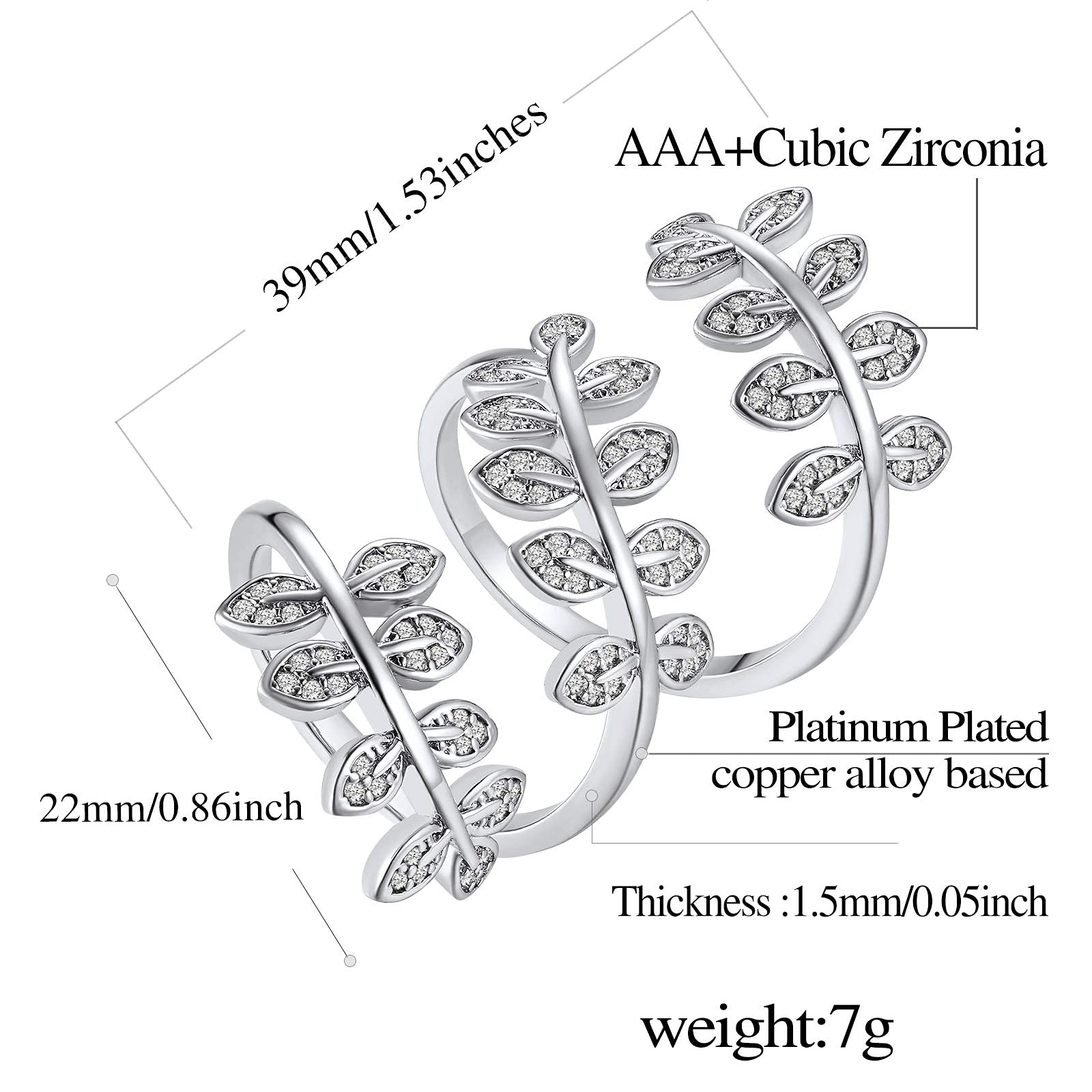 FindChic Platinum Plated Long Leaf Cluster Statement Rings for Women, Oversized Cuff Ring Adjustable Flower Knuckle Ring Party Costume Jewelry