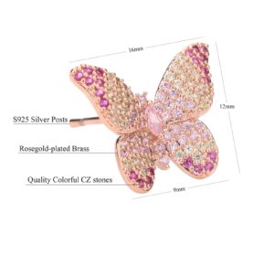 ANNBABIC Colorful CZ Butterfly Stud Earrings for Women - Cubic Zirconia Paved Butterfly Earrings - Butterfly Earrings Plated in RoseGold