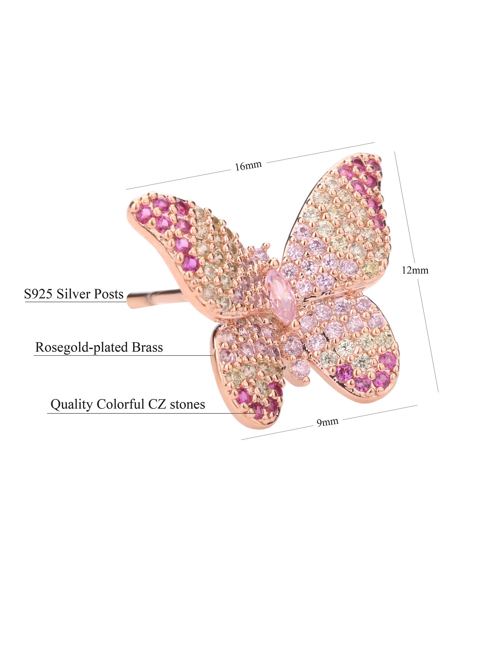 ANNBABIC Colorful CZ Butterfly Stud Earrings for Women - Cubic Zirconia Paved Butterfly Earrings - Butterfly Earrings Plated in RoseGold