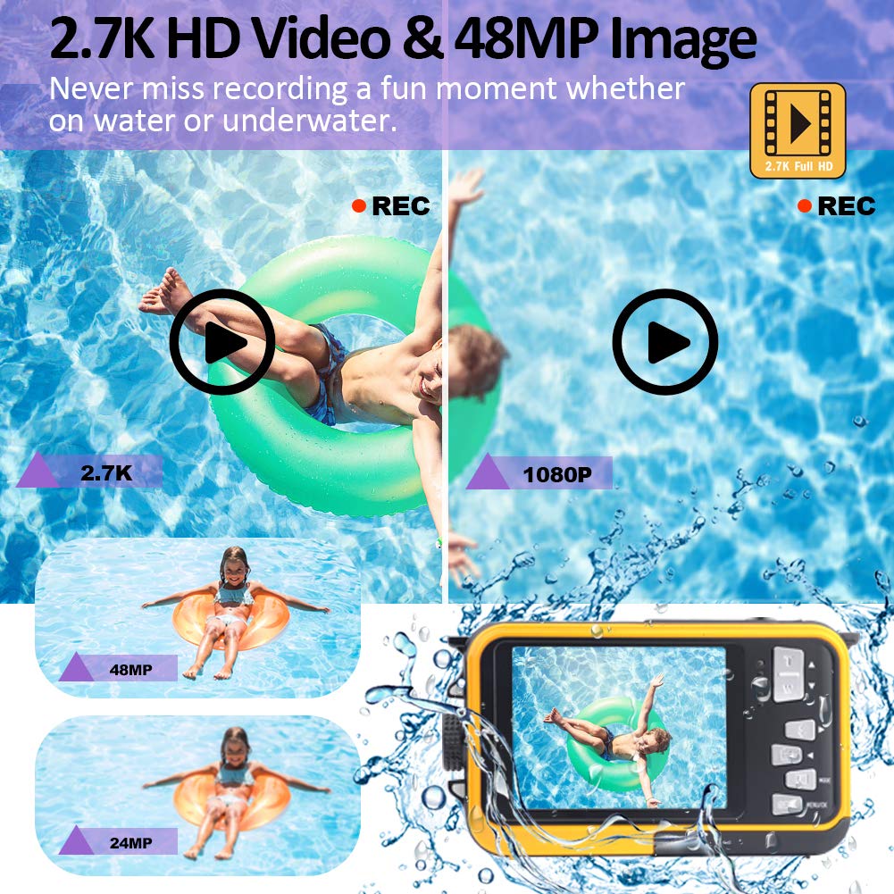 Underwater Camera Full HD 2.7K 48MP Waterproof Camera for Snorkeling Dual Screen Waterproof Camera Digital with Self-timer and 16X Digital Zoom