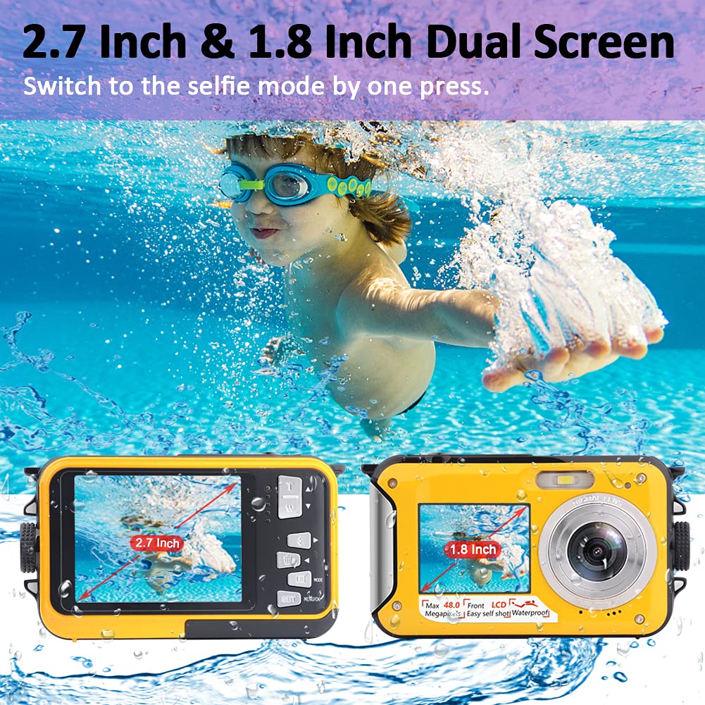 Underwater Camera Full HD 2.7K 48MP Waterproof Camera for Snorkeling Dual Screen Waterproof Camera Digital with Self-timer and 16X Digital Zoom