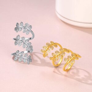 FindChic Platinum Plated Long Leaf Cluster Statement Rings for Women, Oversized Cuff Ring Adjustable Flower Knuckle Ring Party Costume Jewelry