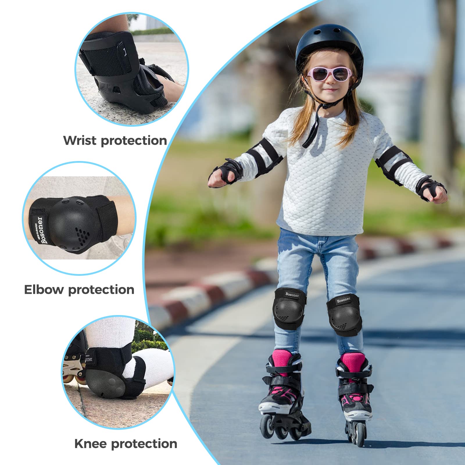 BOSONER Kids/Youth Knee Pad Elbow Pads for Roller Skates Cycling BMX Bike Skateboard Inline Rollerblading, Skating Skatings Scooter Riding Sports