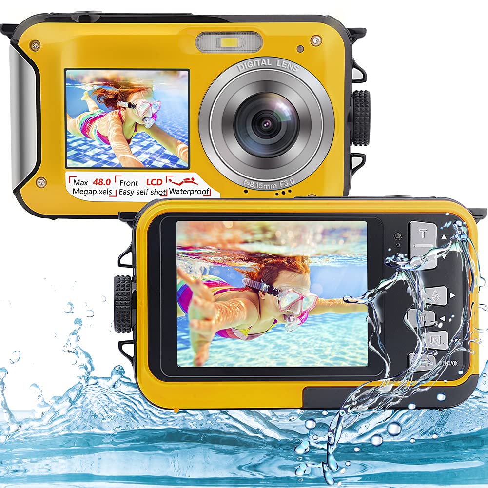 Underwater Camera Full HD 2.7K 48MP Waterproof Camera for Snorkeling Dual Screen Waterproof Camera Digital with Self-timer and 16X Digital Zoom