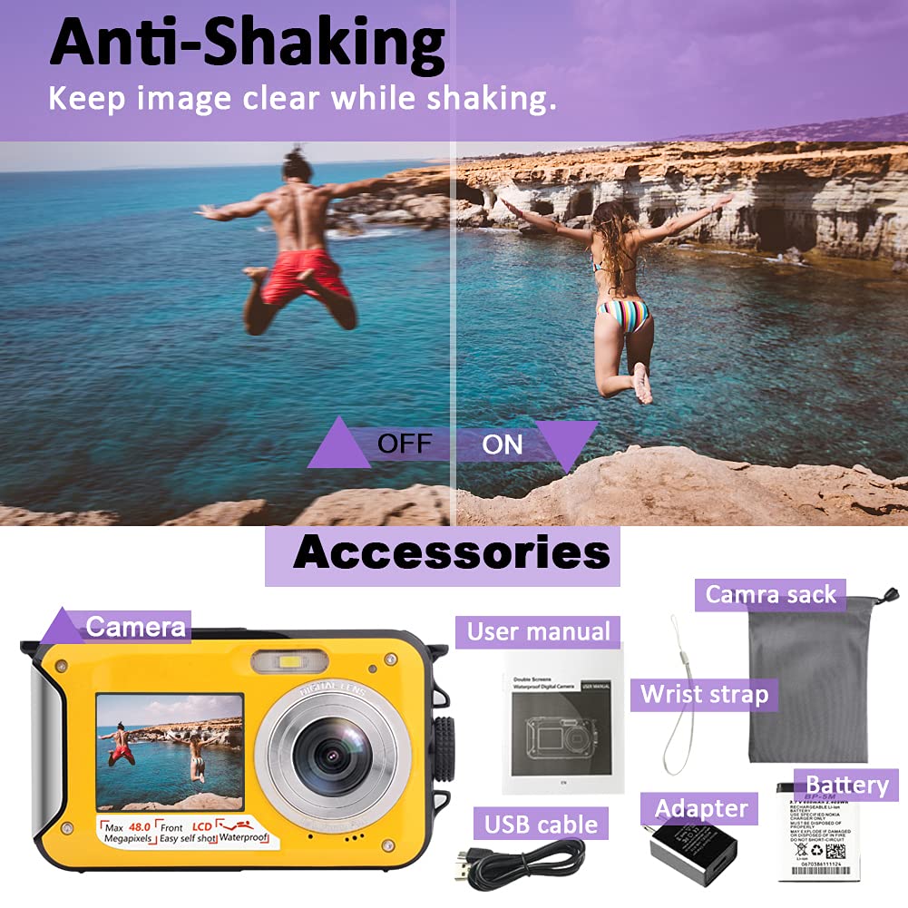 Underwater Camera Full HD 2.7K 48MP Waterproof Camera for Snorkeling Dual Screen Waterproof Camera Digital with Self-timer and 16X Digital Zoom