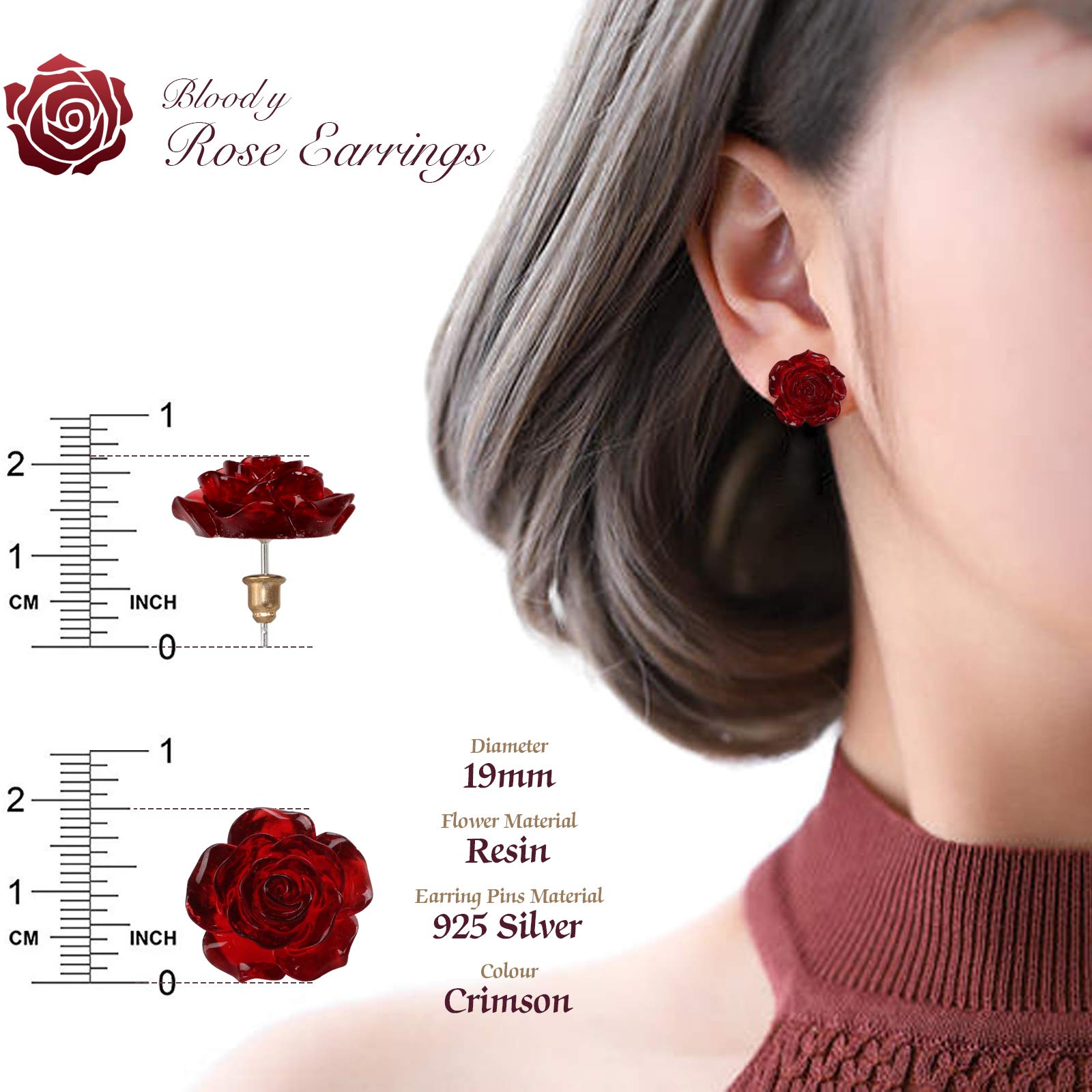 925 Sterling Silver Earrings Rose Flower, Pretty Blooming Carved Red Rose Dangle Earrings Tiny Resin Rose for Women for Teen for Mother