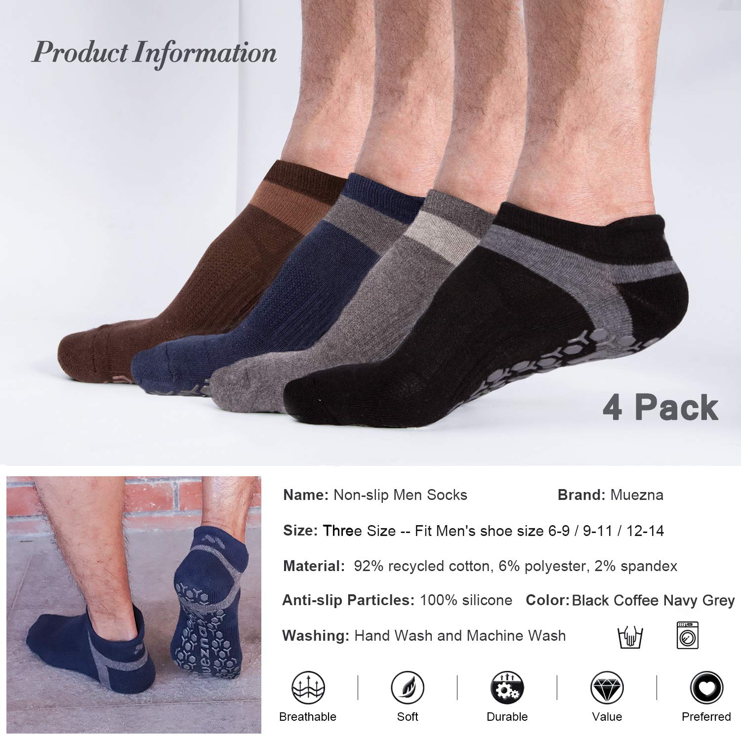 Muezna Men's and womens Non-Slip Yoga Socks, Anti-Skid Pilates, Barre, Bikram Fitness Hospital Slipper Socks with Grips