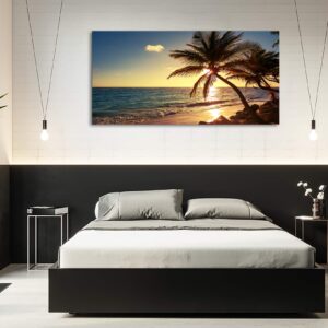 Muolunna S04975 Wall Art Decor Large Canvas Print Picture Sunset Ocean Beach Waves 1 Panel Coconut tree Scenery Painting Artwork for Office Home Decoration Stretched and Framed Ready to Hang XLarge