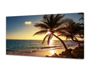 muolunna s04975 wall art decor large canvas print picture sunset ocean beach waves 1 panel coconut tree scenery painting artwork for office home decoration stretched and framed ready to hang xlarge