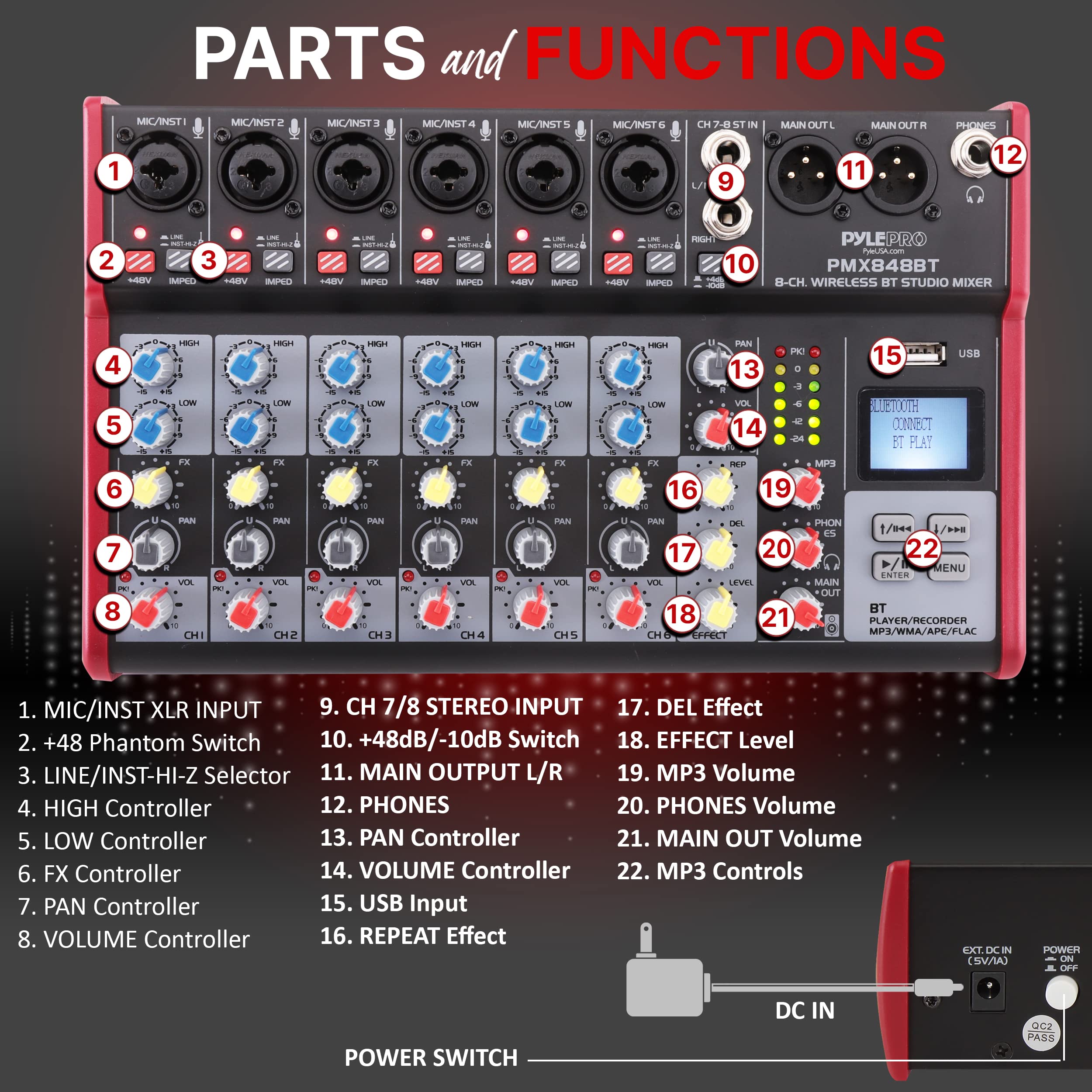 Pyle Professional Wireless DJ Audio Mixer - 8-Channel Bluetooth Compatible DJ Controller Sound Mixer w/USB Port, 6 Mic/Line Input, ¼” Mono/Stereo Input, Headphone Jack, 48V Phantom Power - PMX848BT