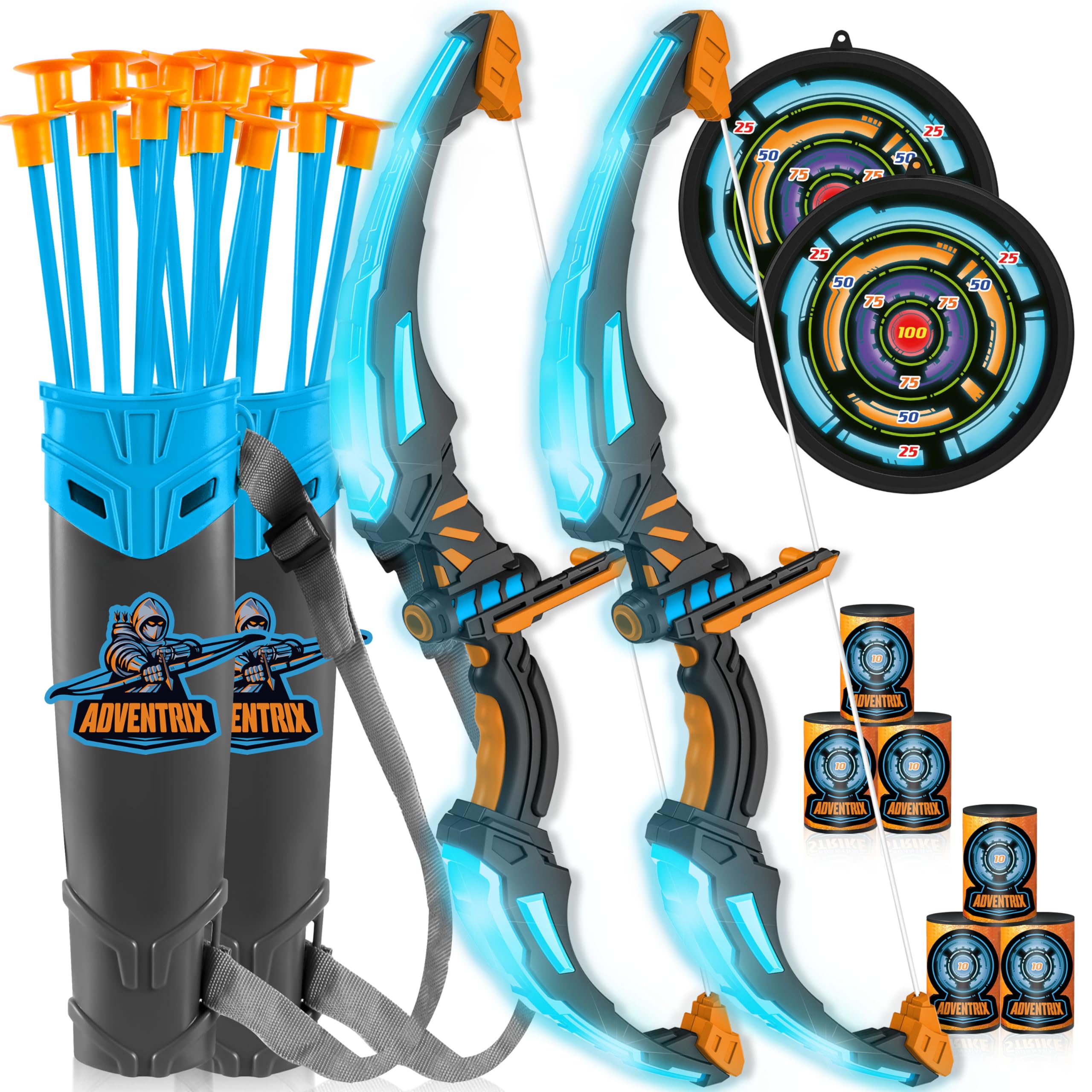 JOYIN 2 Pack Bow and Arrow Archery Toy Set for Kids, Light Up Archery Play Set with 2 Luminous Bows, 18 Suction Cups Arrows, 6 Targets, and 2 Quivers