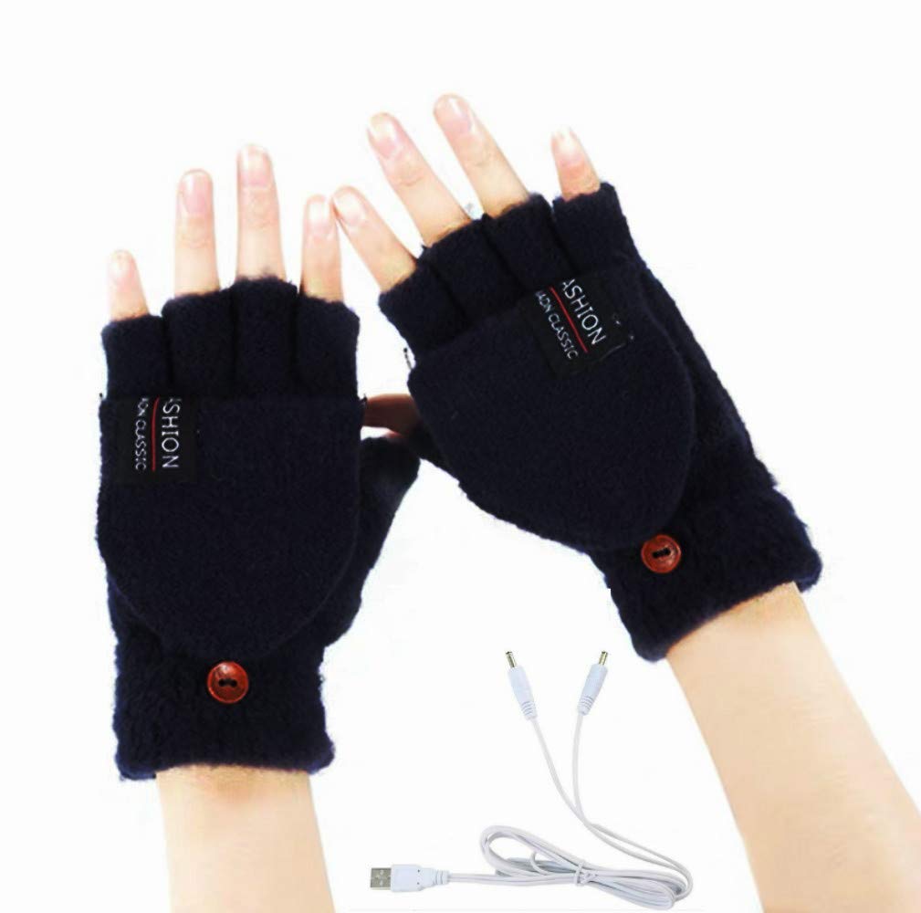 Women's & Men's USB Heated Gloves Knitting Hands Full & Half Heated Fingerless Heating Warmer with Button Washable Design, Mitten Winter Hands Warm Laptop Gloves (Black)