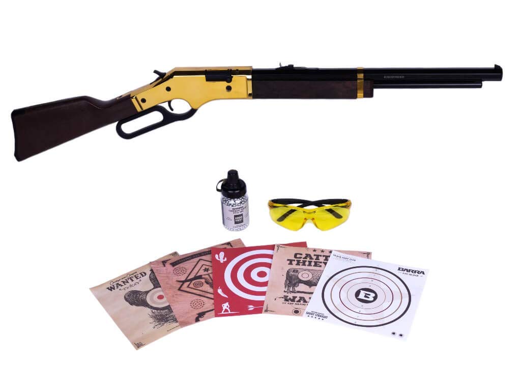 Barra Air Guns 1866 Cowboy Rifle .177 Caliber BB Gun Kit for Kids and Youth - Lever Action Pump (Gold Junior Bundle)