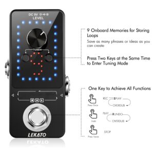 LEKATO Guitar Effect Pedal Guitar Looper Pedal Tuner Function 9 Loops 40 minutes Record Time with USB Cable and 9V 0.6A Pedal Power Supply Adapter