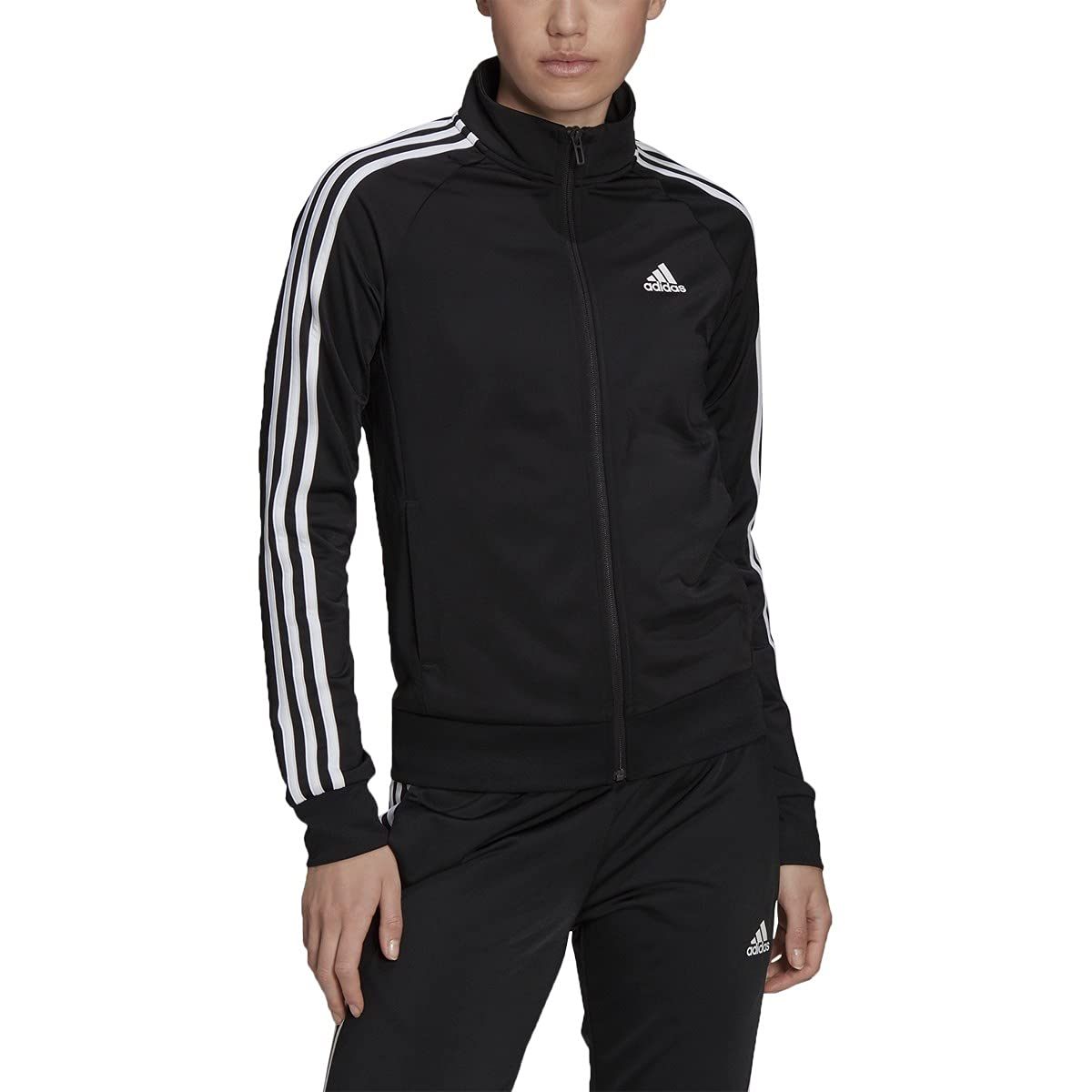 adidas Women's Essentials Warm-Up Slim 3-Stripes Track Top, Black, Medium